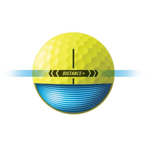 An image of a Yellow TaylorMade Distance Plus golf ball and its alignment line on a white background