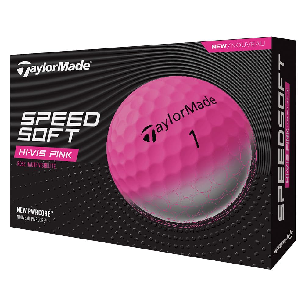 A hero image of the Hi-Vis Pink TaylorMade Speed Soft golf balls in box on a white background