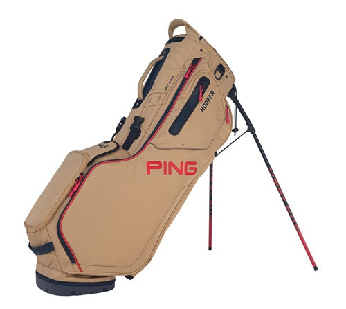 An image of PING Hoofer 201C Stand Bag - Double Strap - Tan/Navy/Orange on a white background