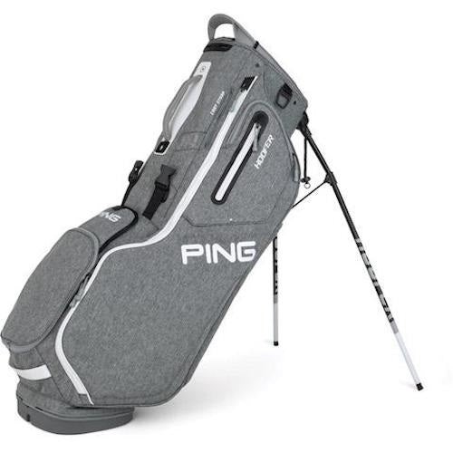 An image of PING Hoofer 201C Stand Bag - Double Strap - Heather Grey/White on a white background