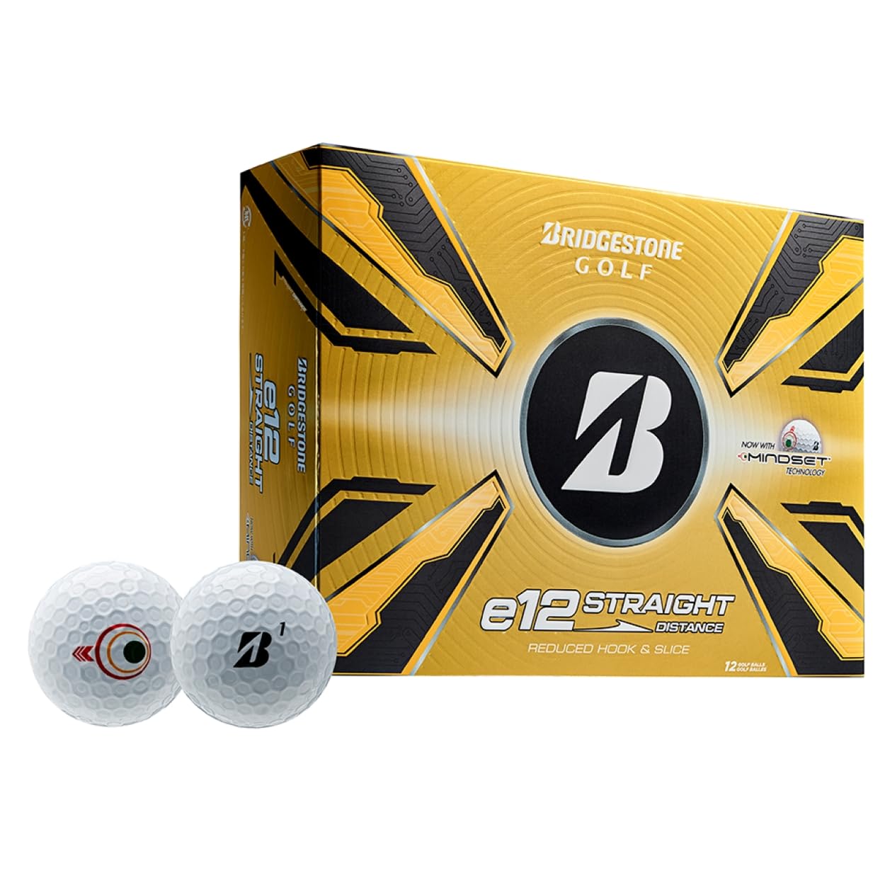 A hero image of Bridgestone e12 Straight golf balls in box on a white background