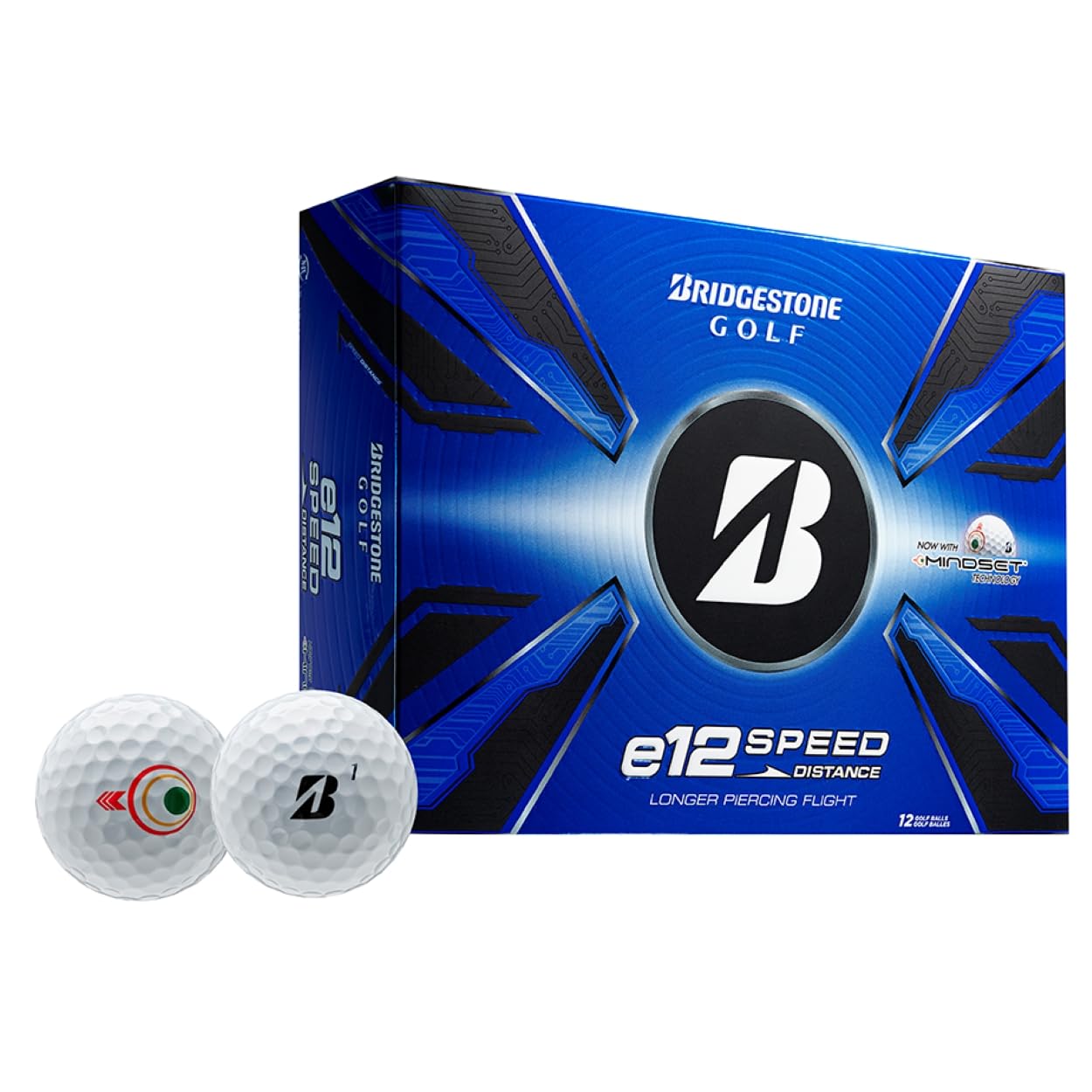 A hero image of Bridgestone e12 Speed Golf Balls in box on a white background