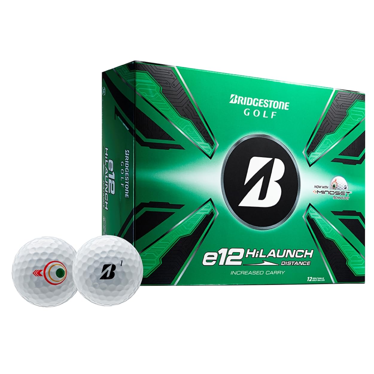 A hero image of Bridgestone e12 HiLaunch golf balls in box on a white background