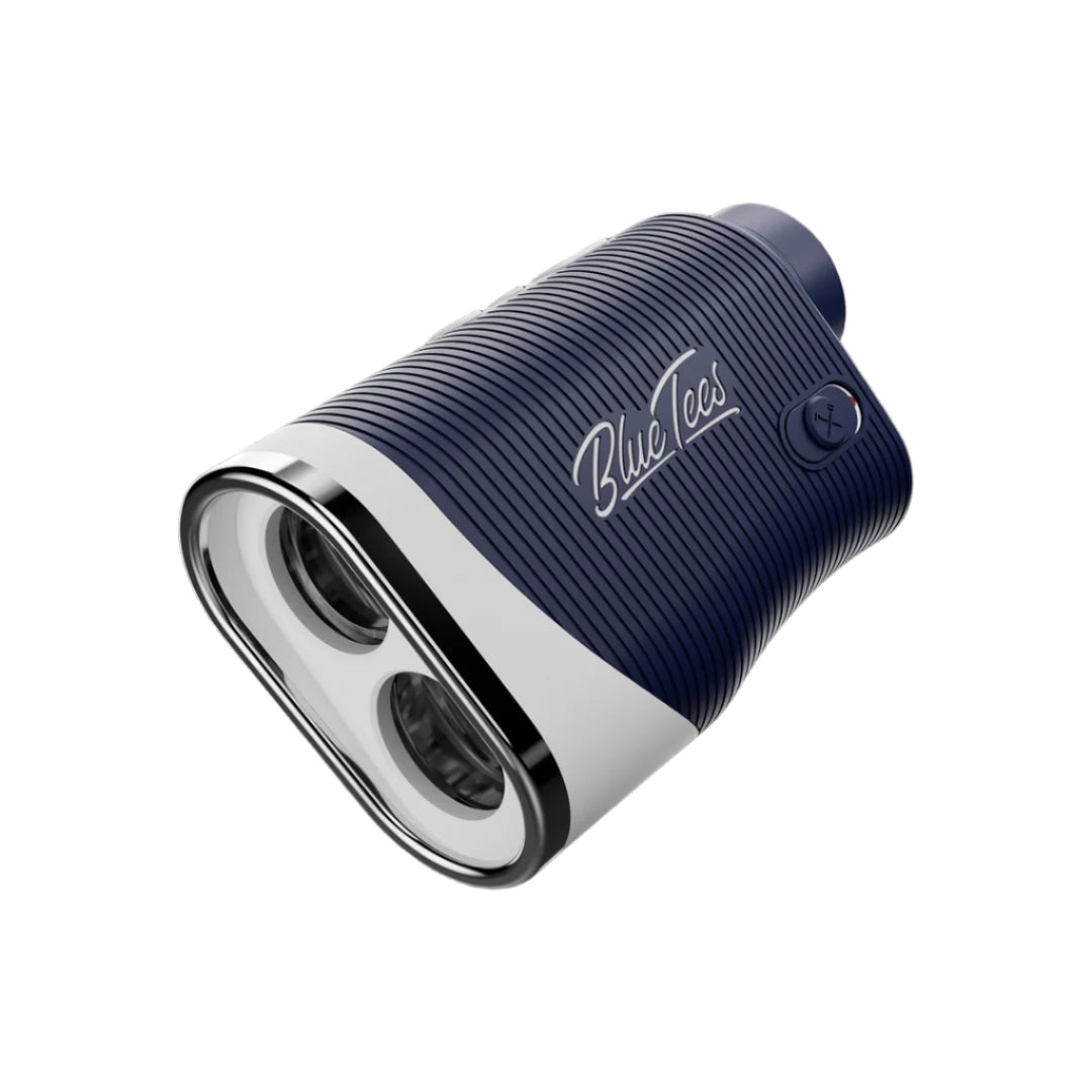 A hero image of a navy and white Blue Tees Golf Rangefinder on a white background