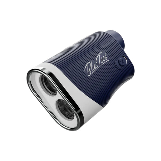 A hero image of a navy and white Blue Tees Golf Rangefinder on a white background