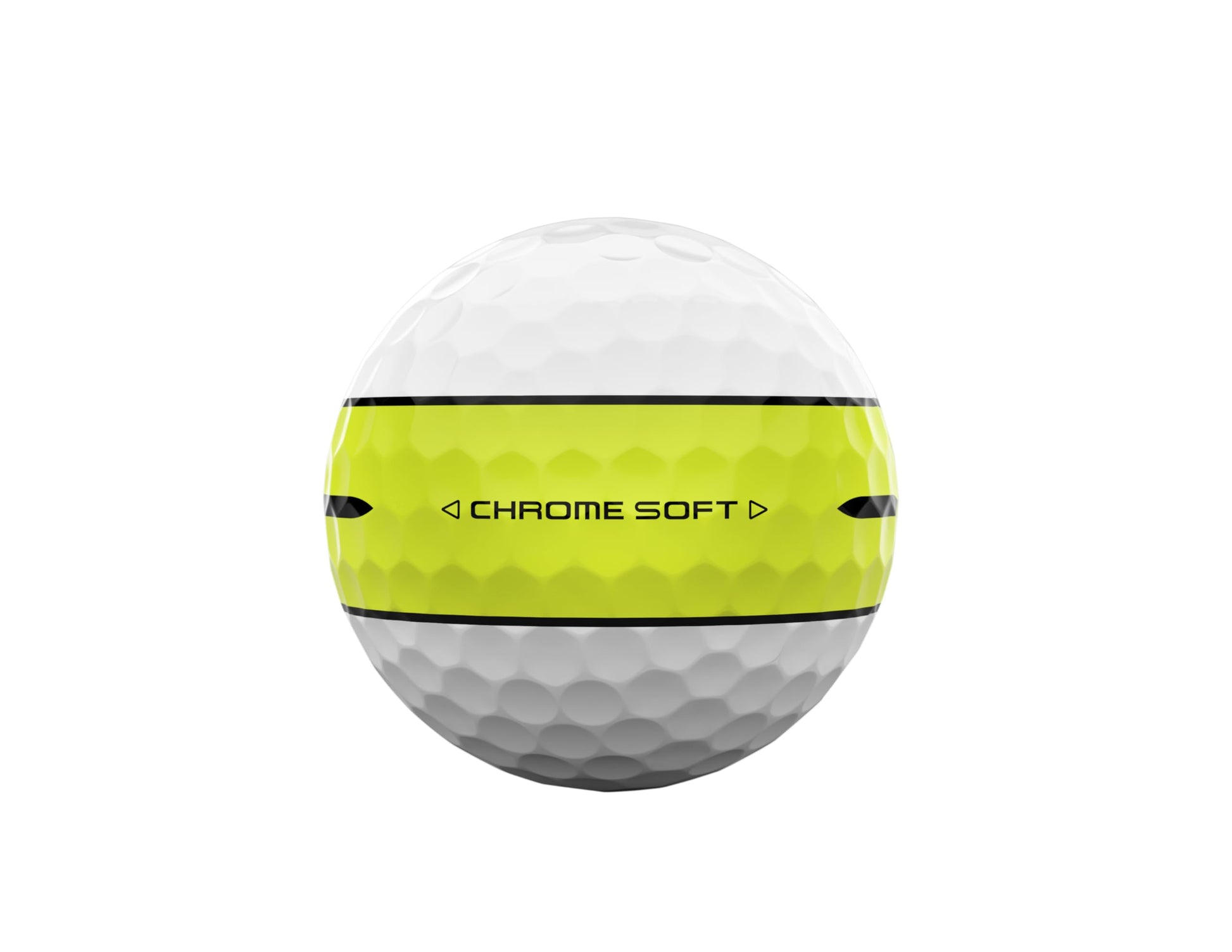 A white Callaway Chrome Soft 360 Yellow Stripe Golf Ball on a white background