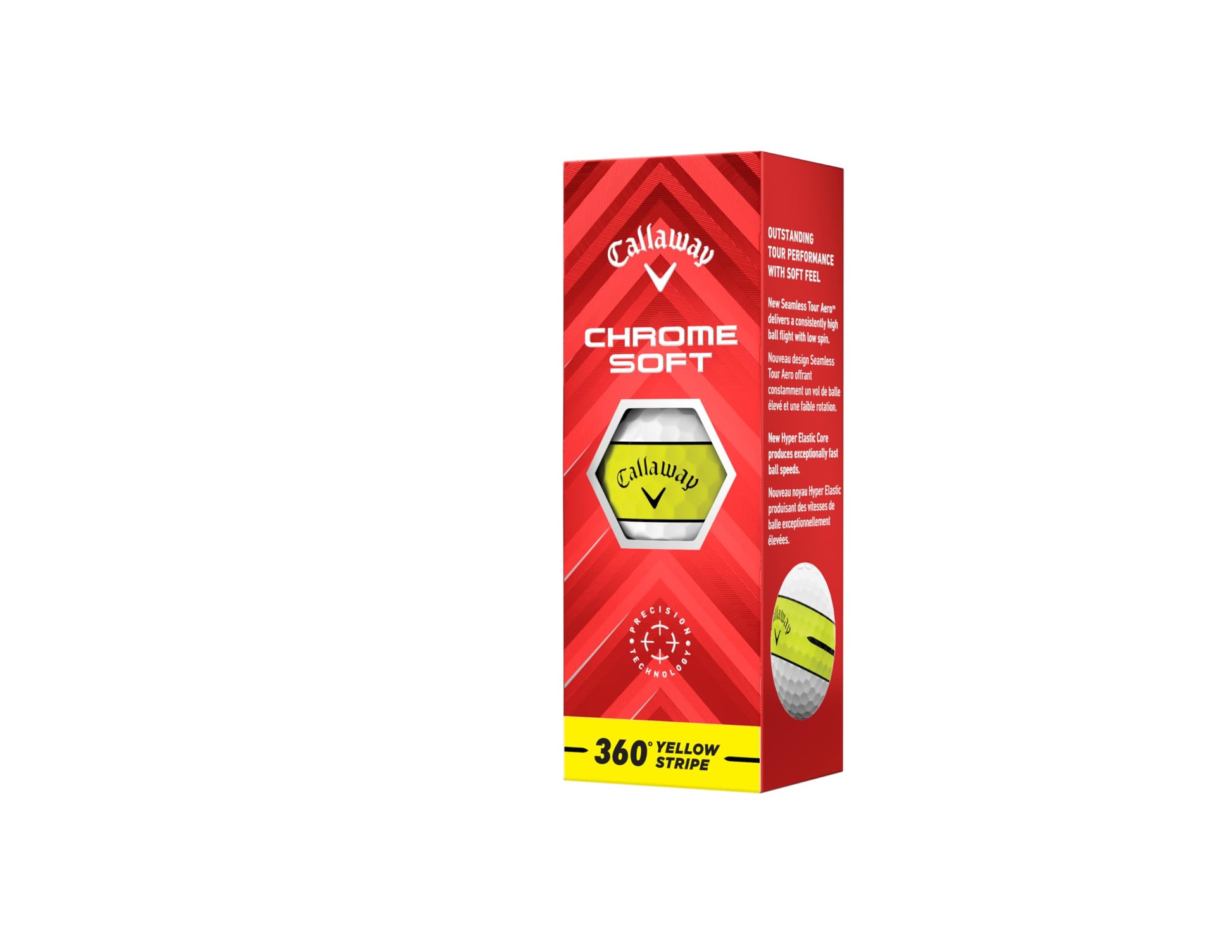 A sleeve of Callaway Chrome Soft 360 Yellow Stripe golf balls on a white background