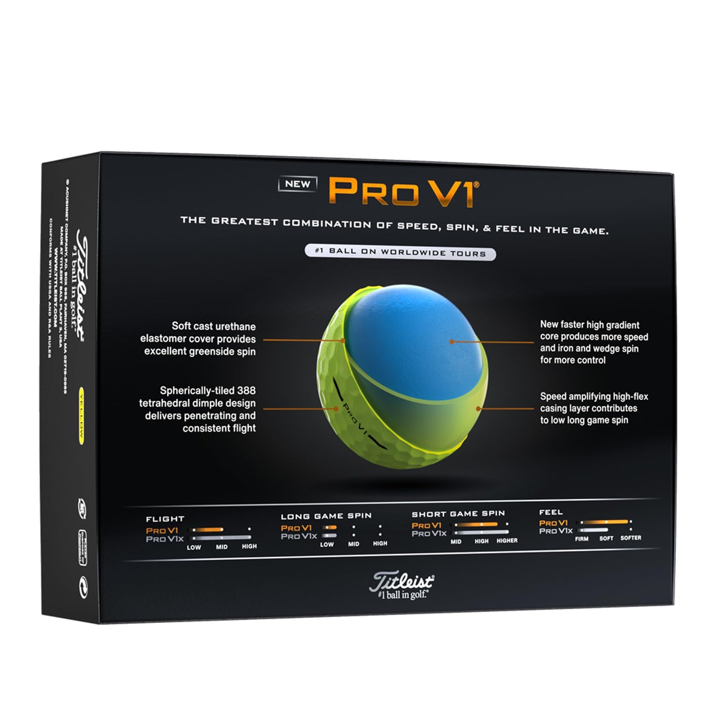 Titleist Pro V1 golf ball packaging with detailed specifications on a white background