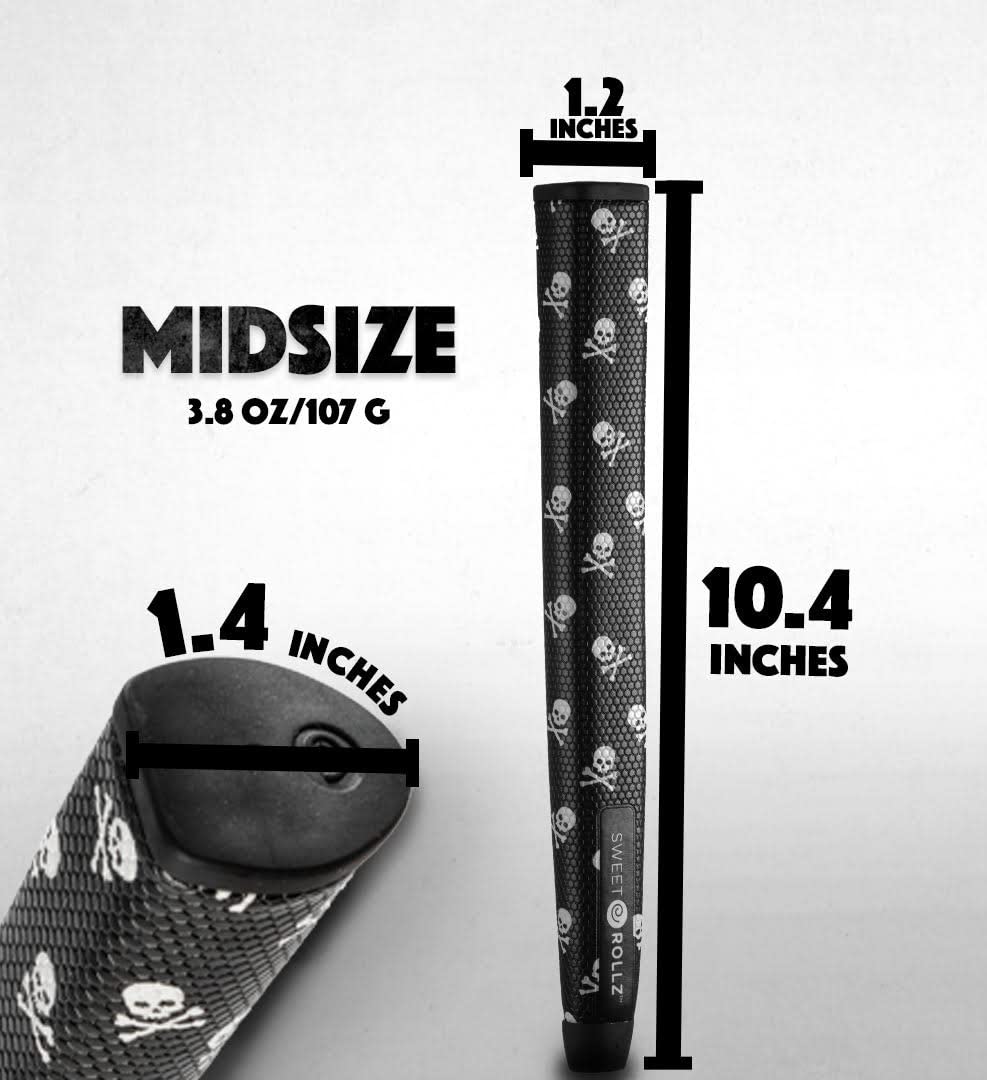 A sizing chart showing the dimensions of a Sweetrollz midsize golf putter grip