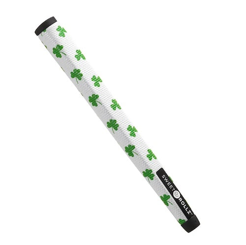 A product image of a Sweetrollz "O'Malley" golf putter grip in white with Shamrock icons