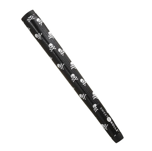 A product image of a Sweetrollz "Swashbuckler" golf putter grip in black with skull and cross bone icon