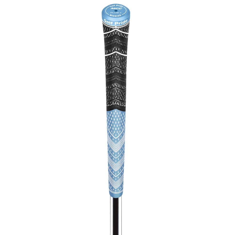 Product image of a blue and black patterned Golf Pride grip on a white background
