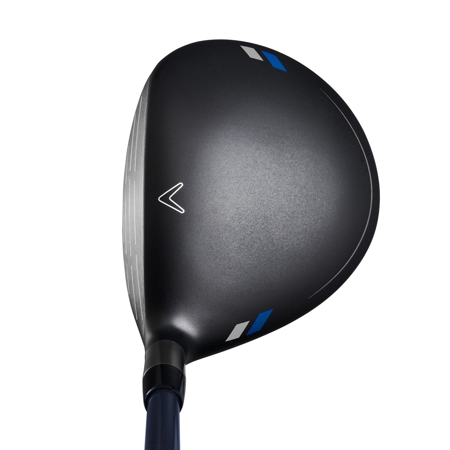 Golf club head with a black and blue design on a white background