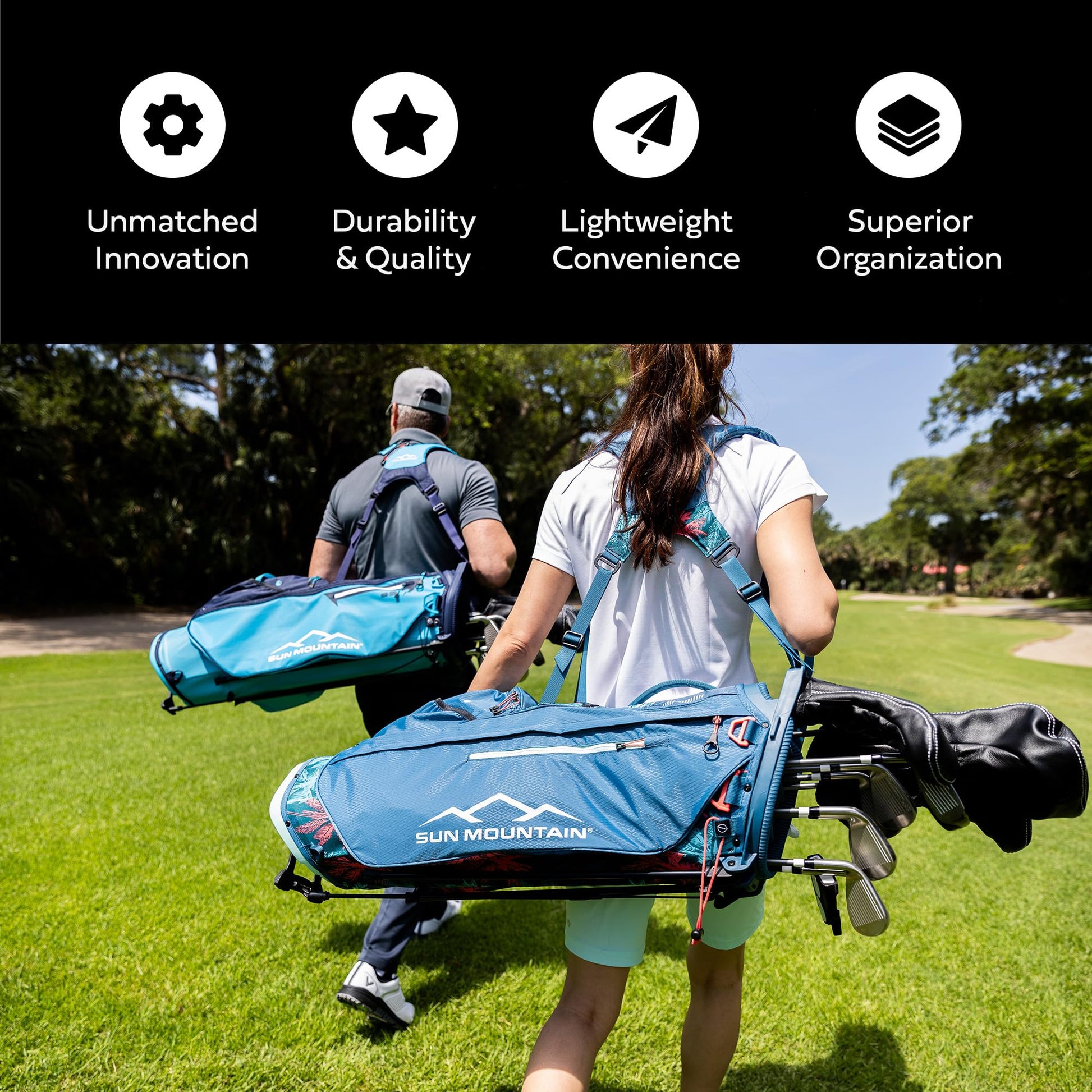 Ad image of Sun Mountain travel bag features
