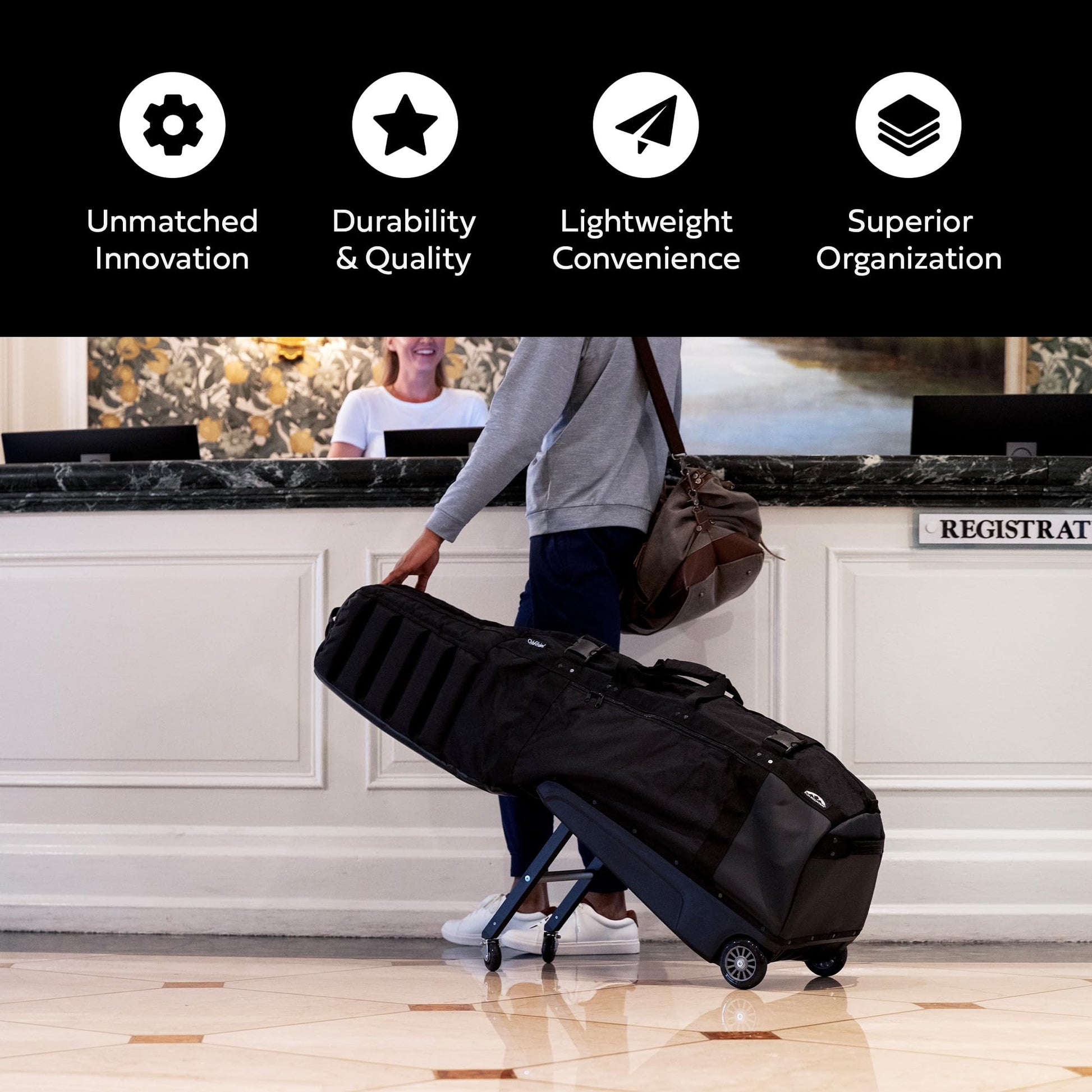 Ad image of Sun Mountain travel bag features