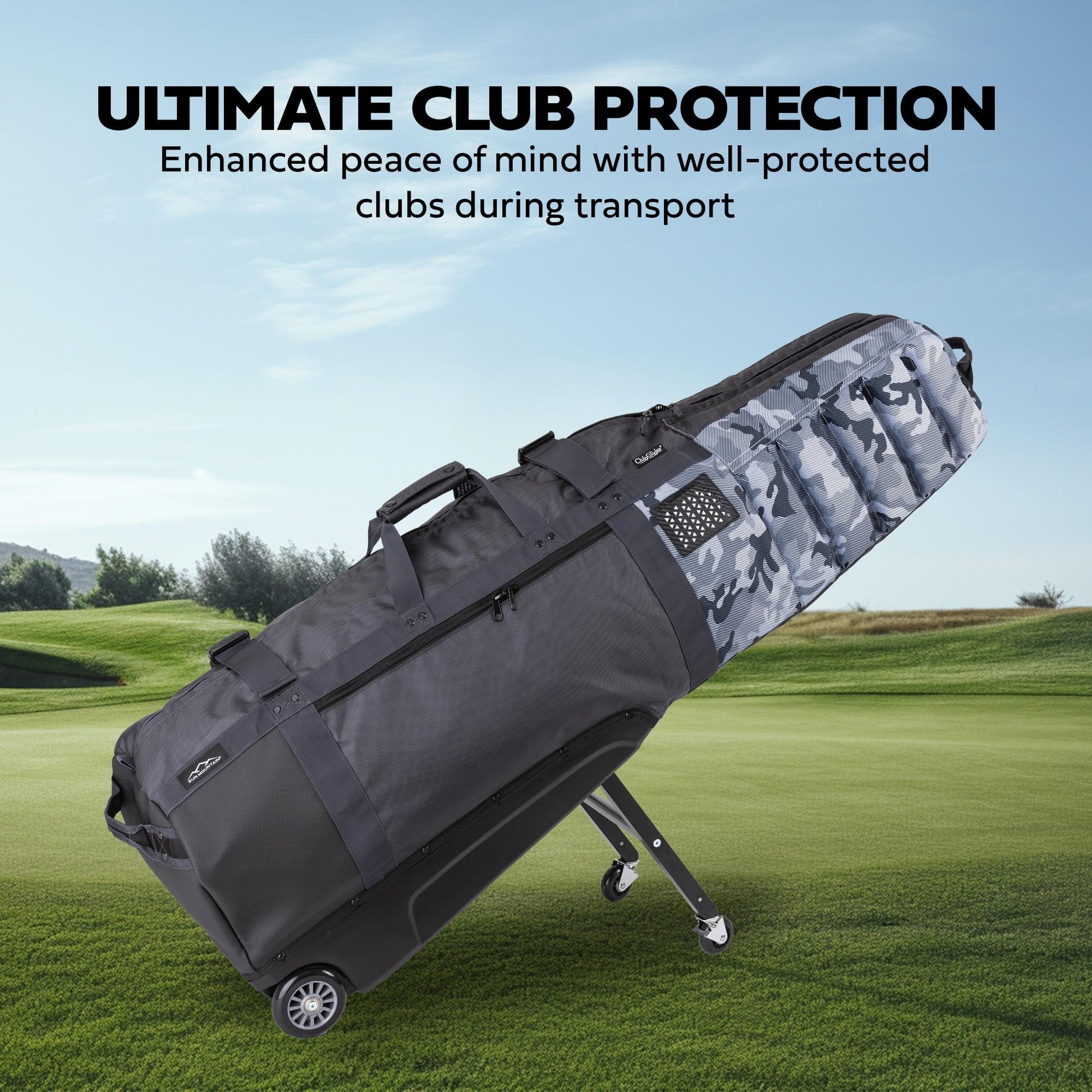 Ad image of Sun Mountain travel bag features