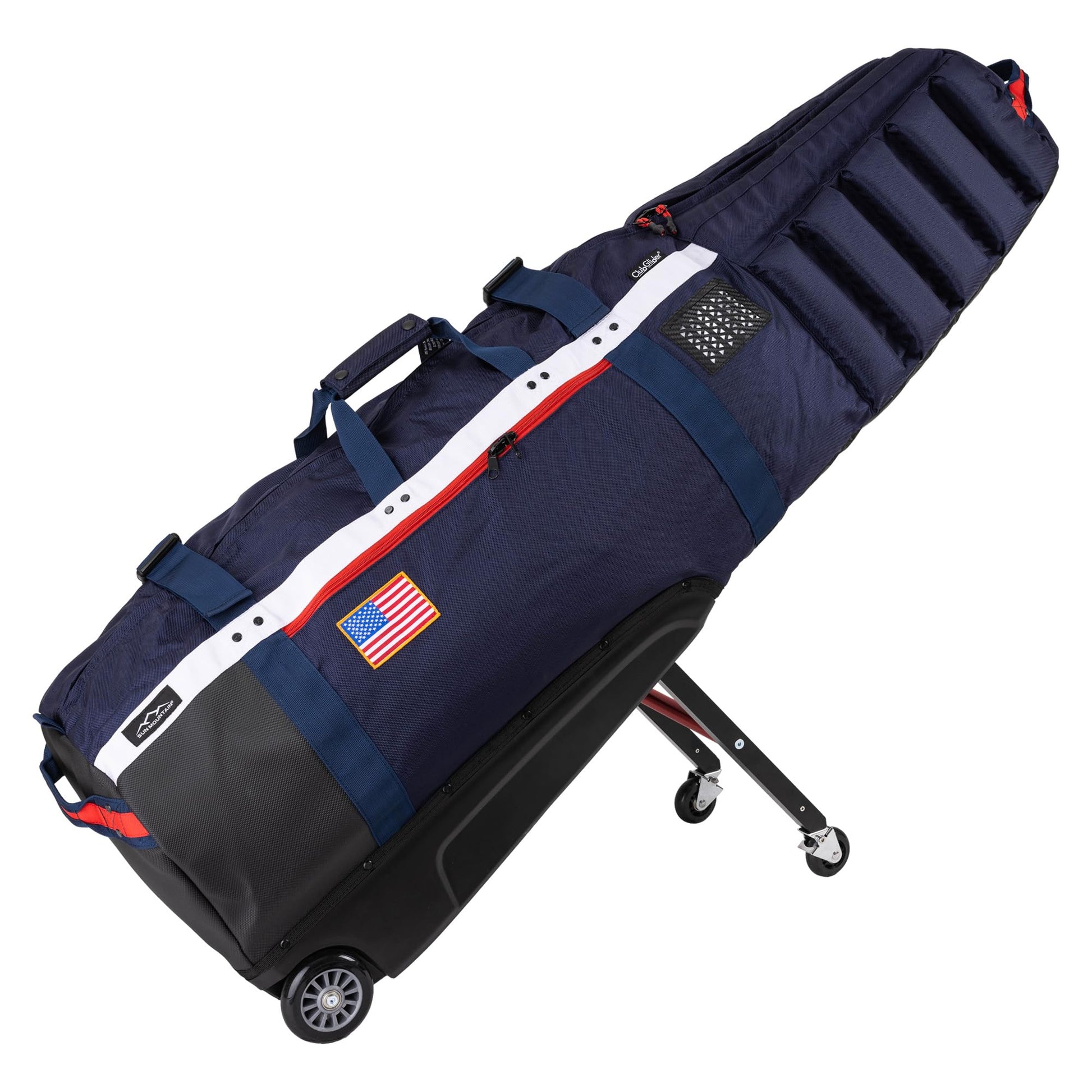 Ad image of Sun Mountain travel bag features