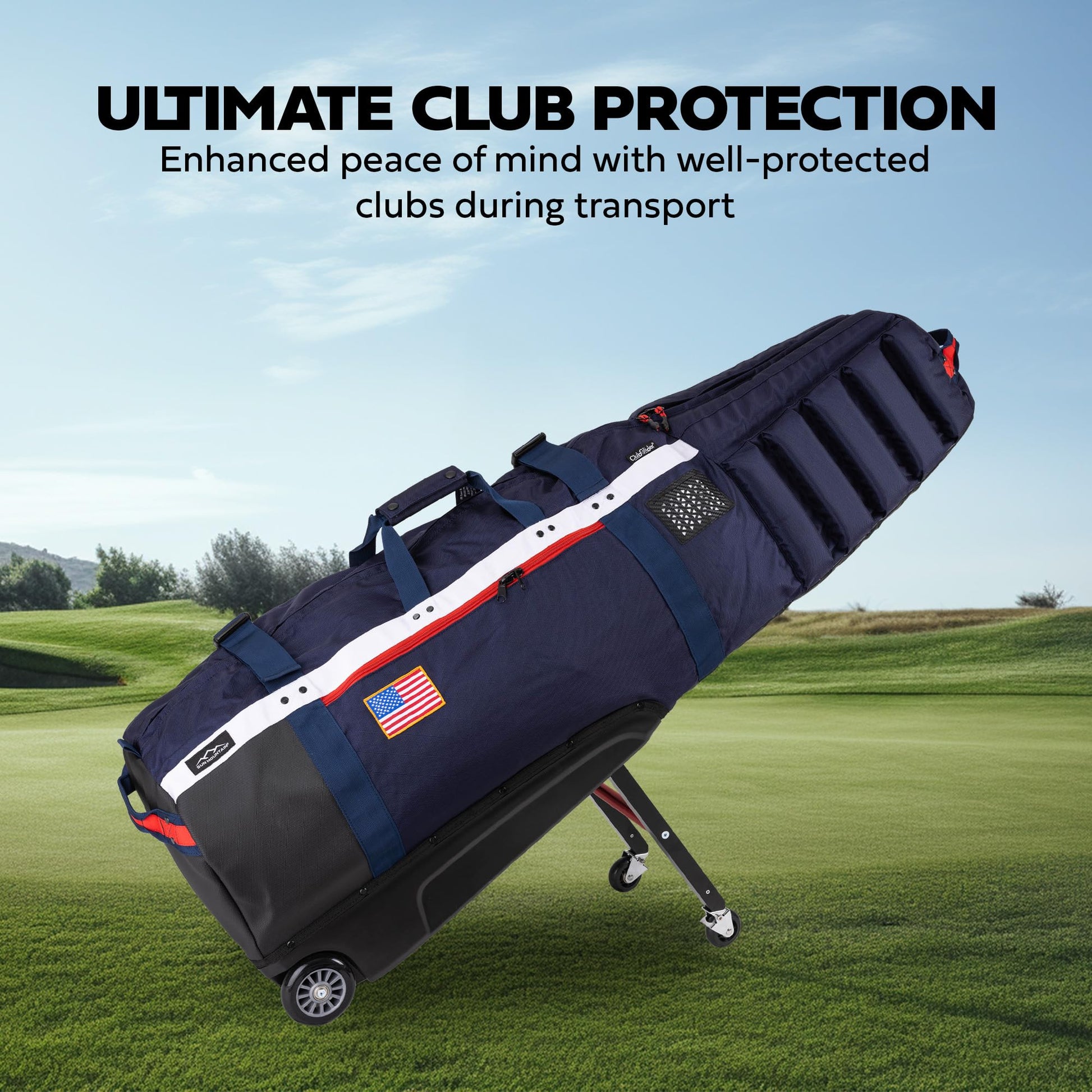 Ad image of Sun Mountain travel bag features