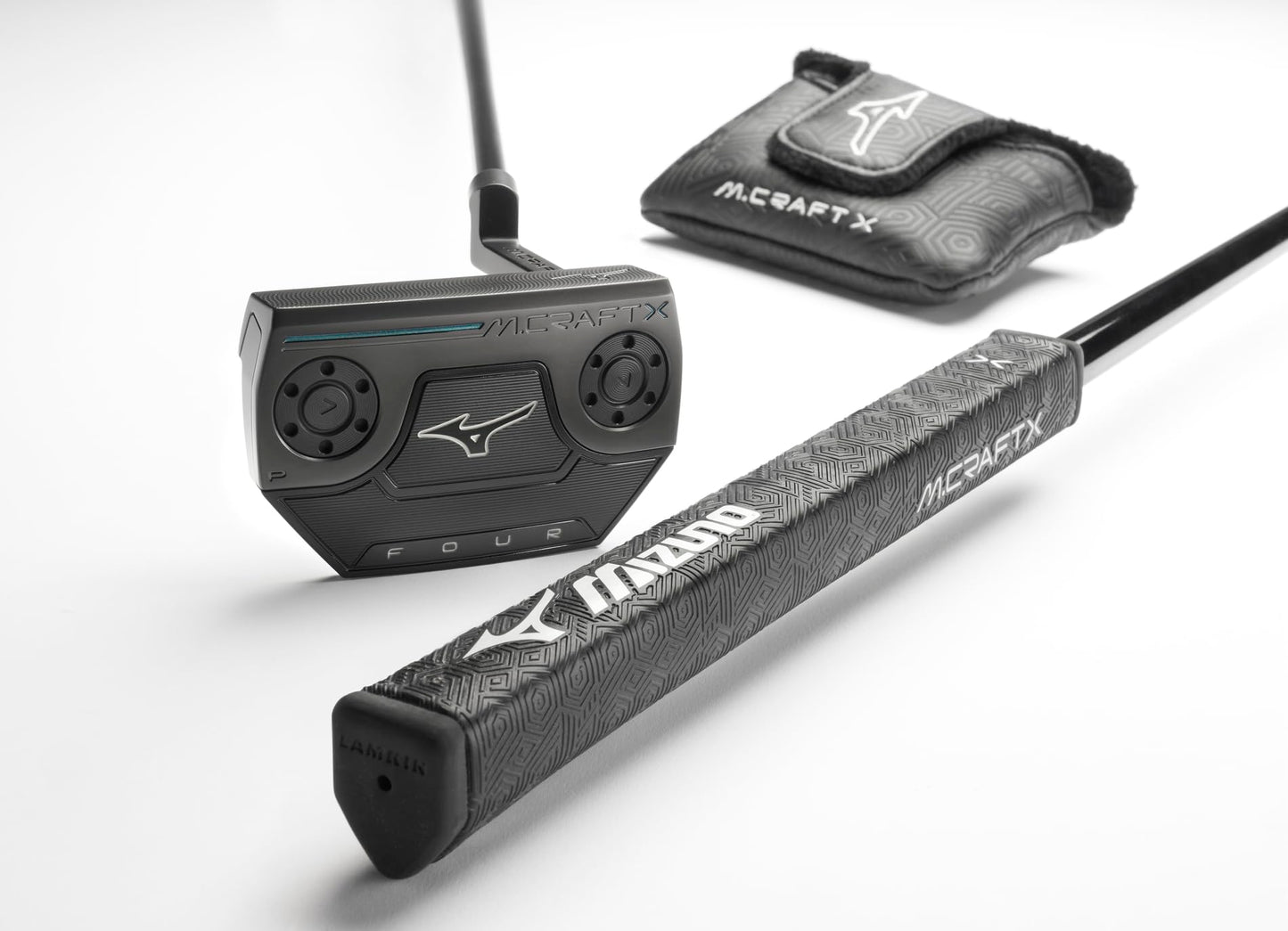 Product image of Mizuno M Craft X golf putter, grip and headcover on a white background
