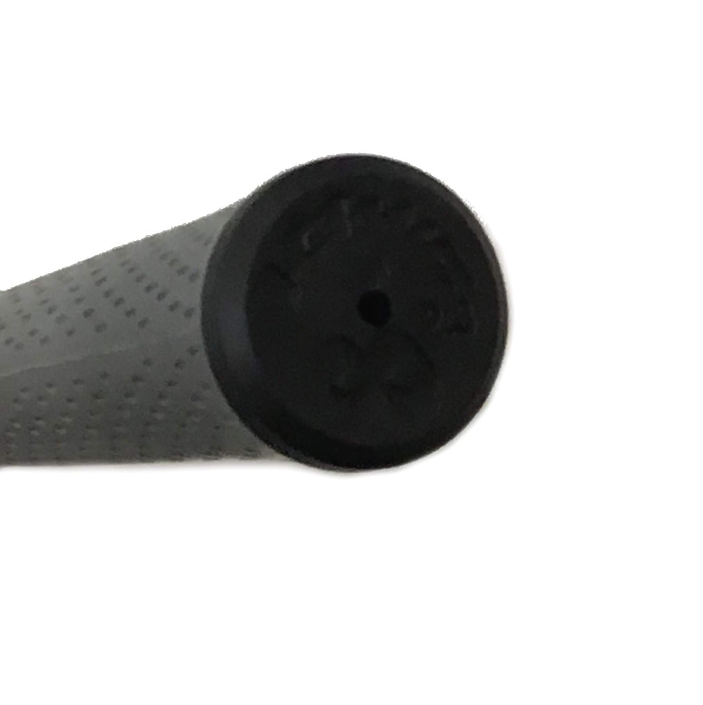 Close-up of a black and gray textured golf grip on a white background