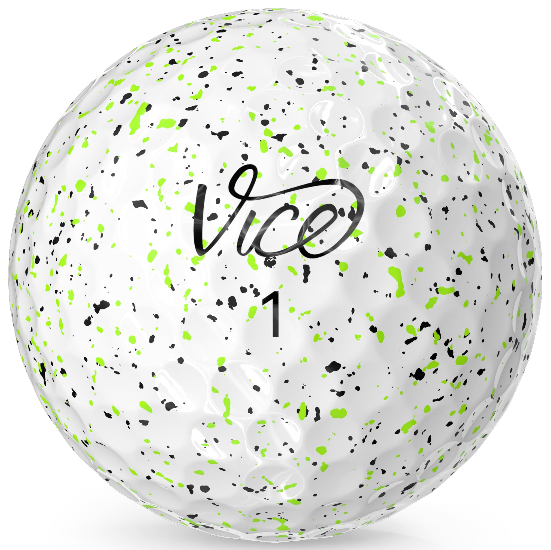 Speckled golf ball with 'Vice' branding on a white background