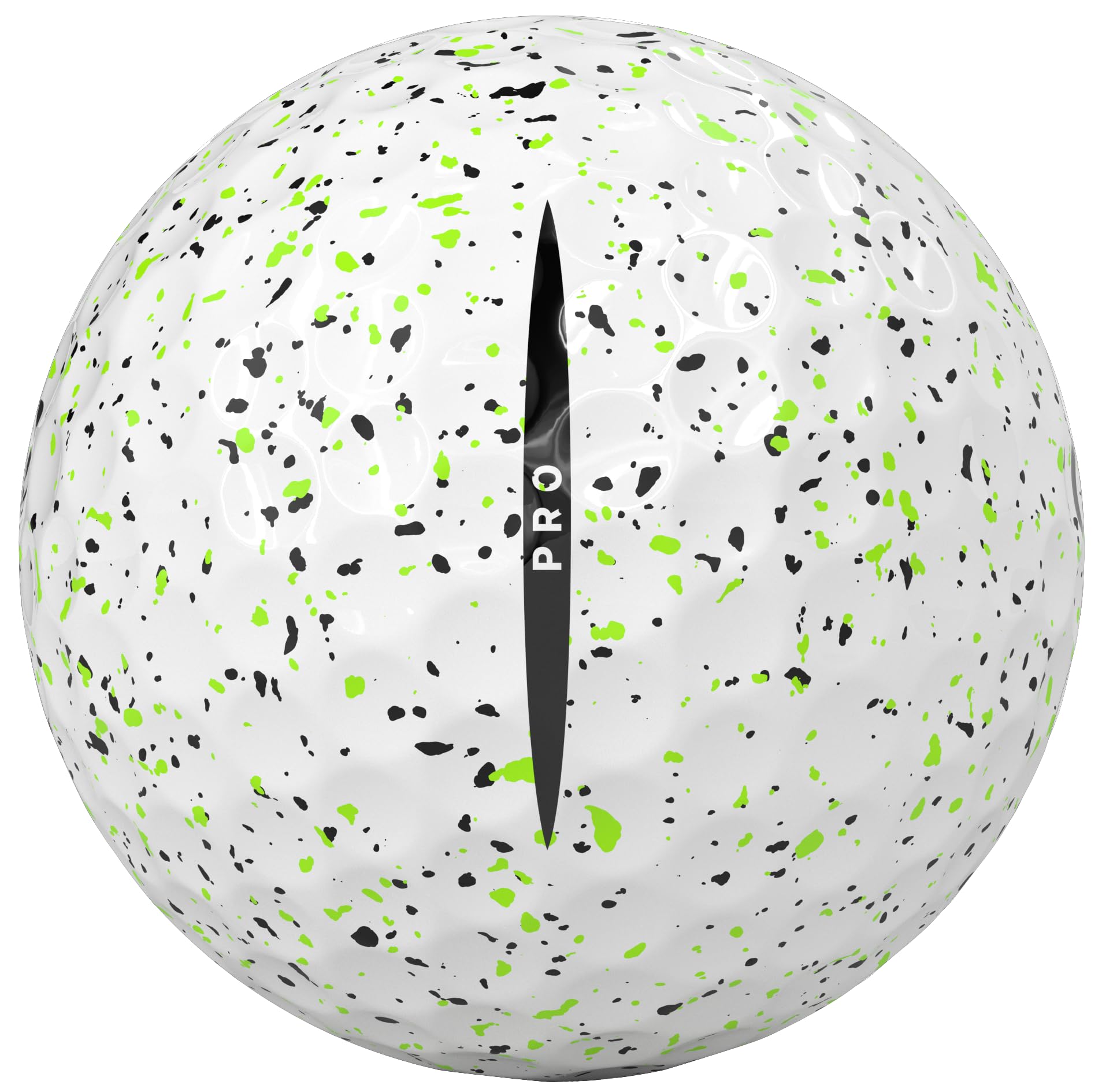 Speckled golf ball with green and black patterns on a white background