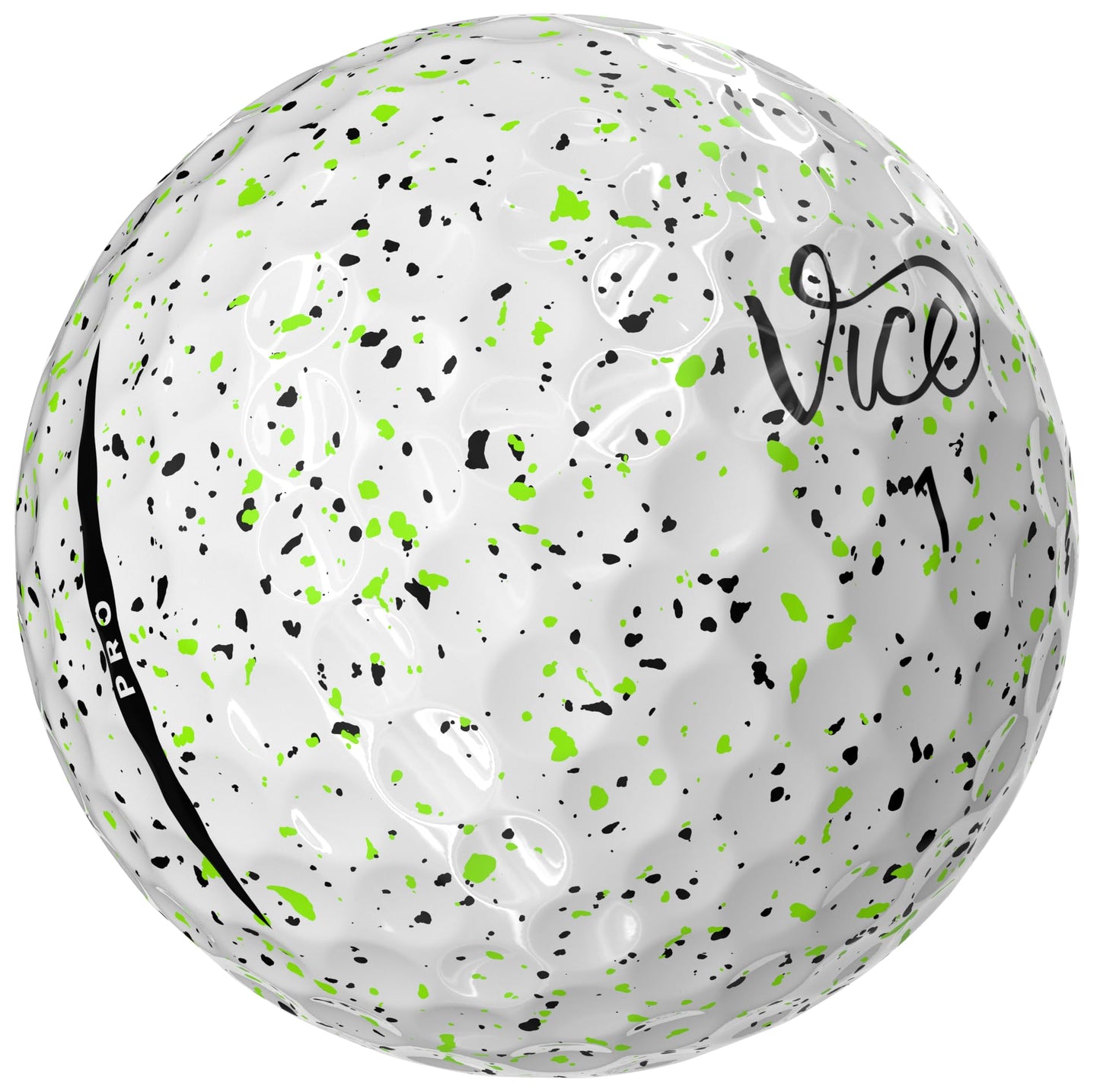 White golf ball with green and black speckles and 'Vice' branding on a white background