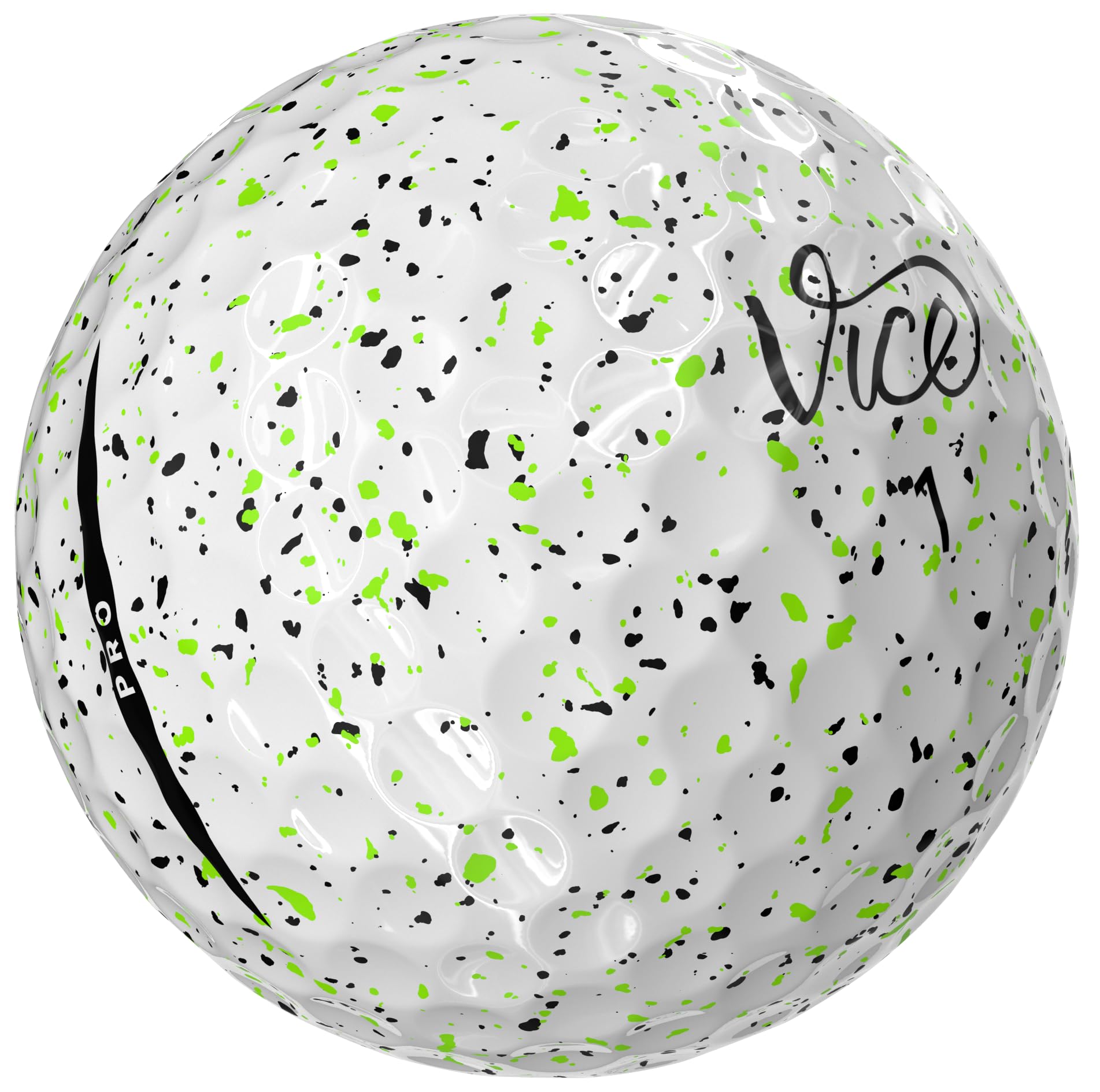 White golf ball with green and black speckles and 'Vice' branding on a white background