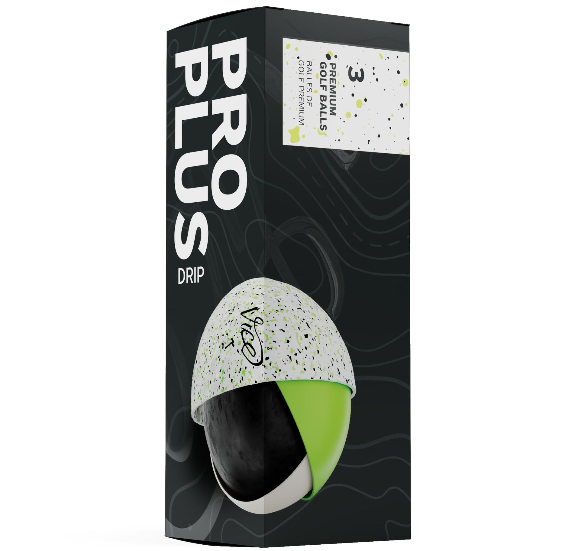 Box of Pro Plus Drip golf balls with a golf ball graphic on a black background