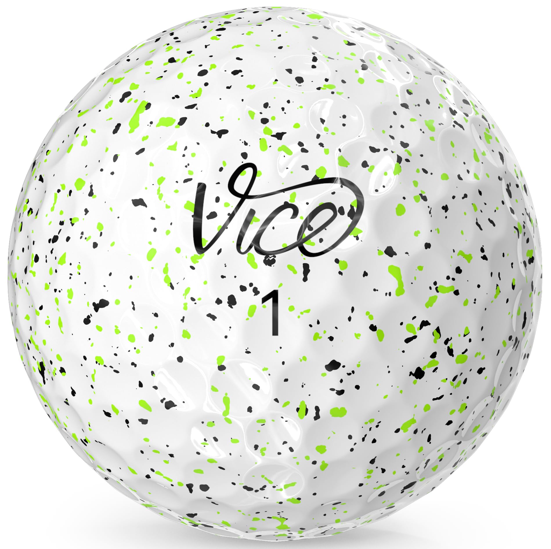 White golf ball with green and black speckles and 'Vice' branding on a white background