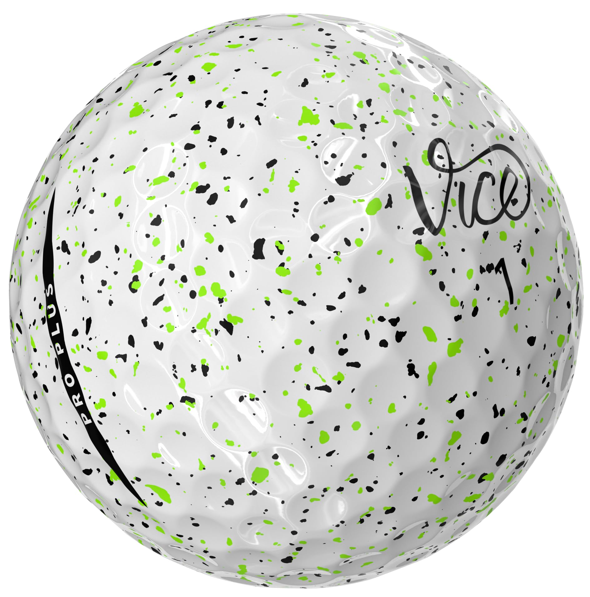 White golf ball with green and black speckles and 'Vice' branding on a white background