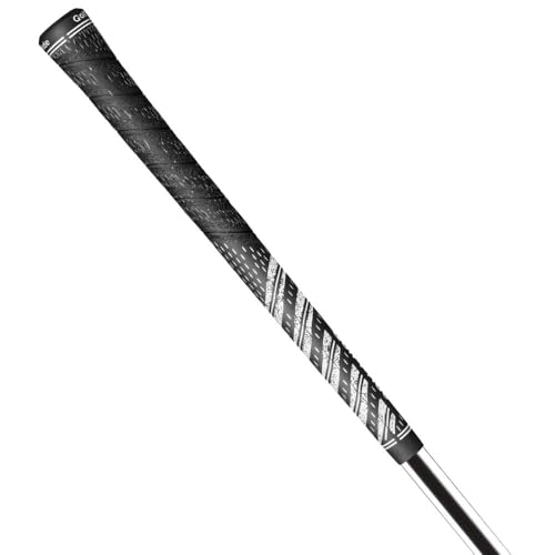 Golf club shaft with patterned grip on a white background