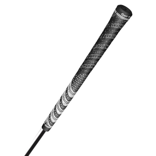 Golf club shaft with a black and white patterned grip on a white background