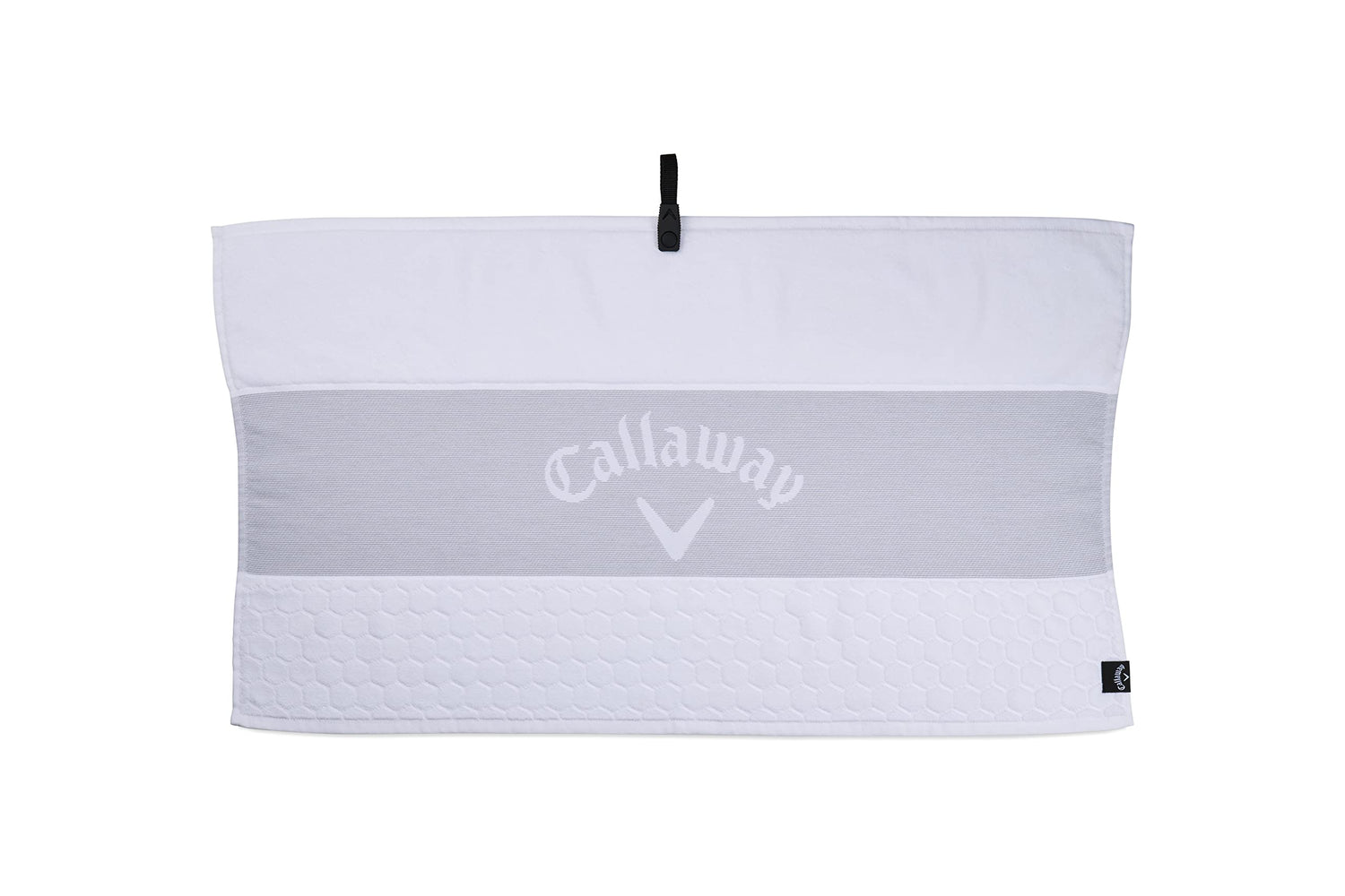 White Callaway towel with a black clip on a white background