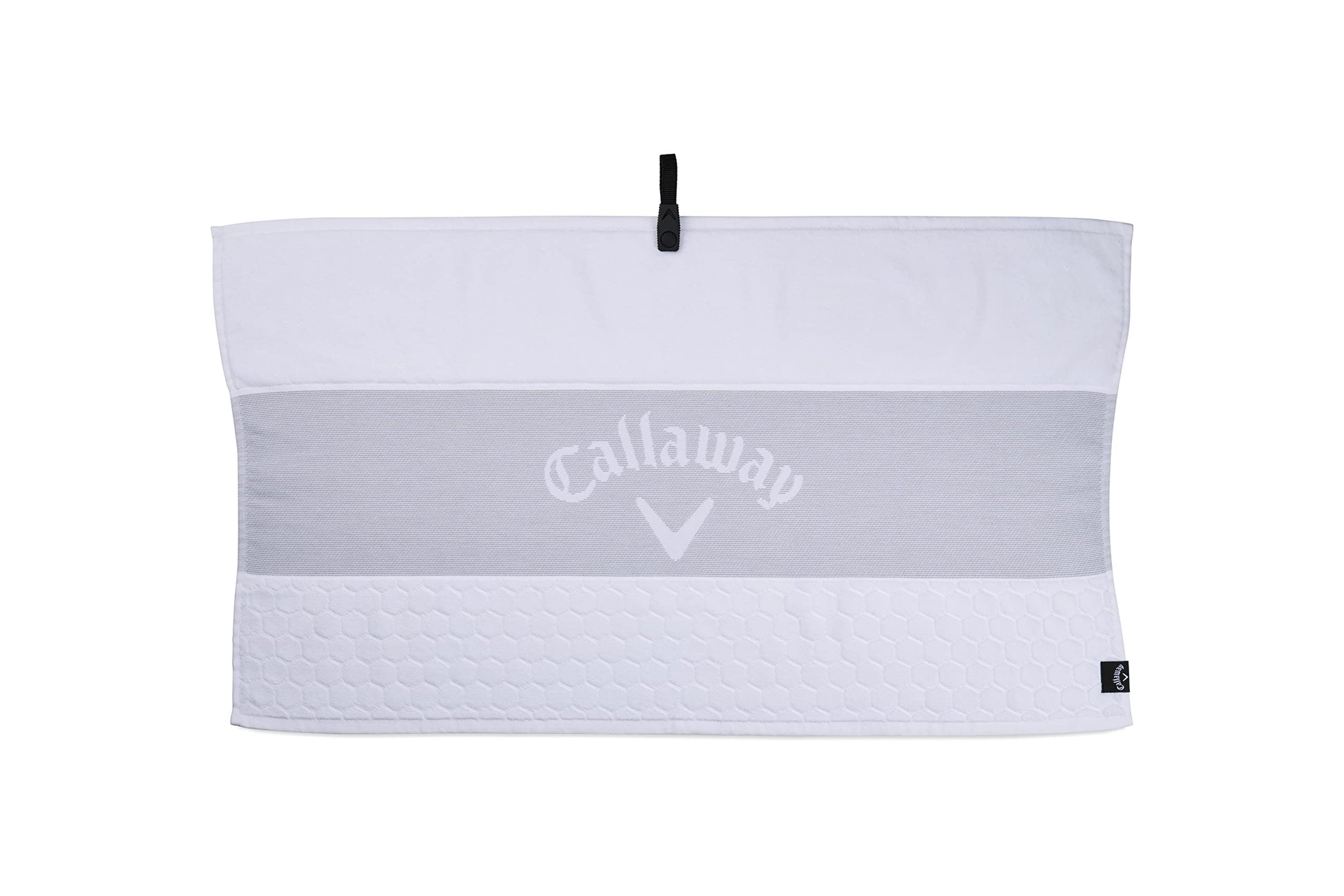 White Callaway towel with a black clip on a white background