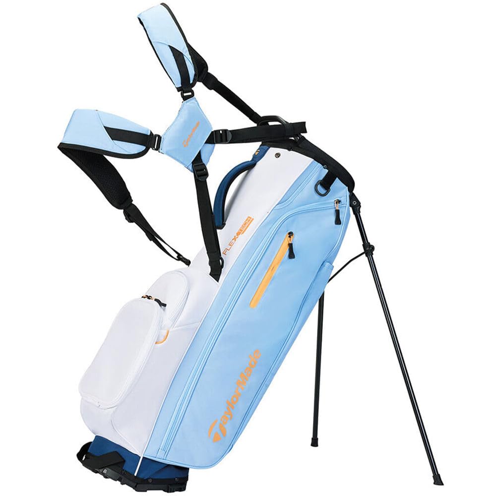 Light blue and white golf bag with a stand on a white background
