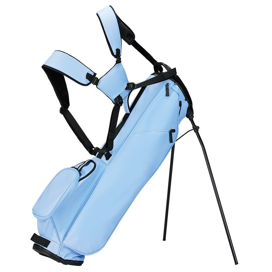 Light blue golf bag with black straps on a white background
