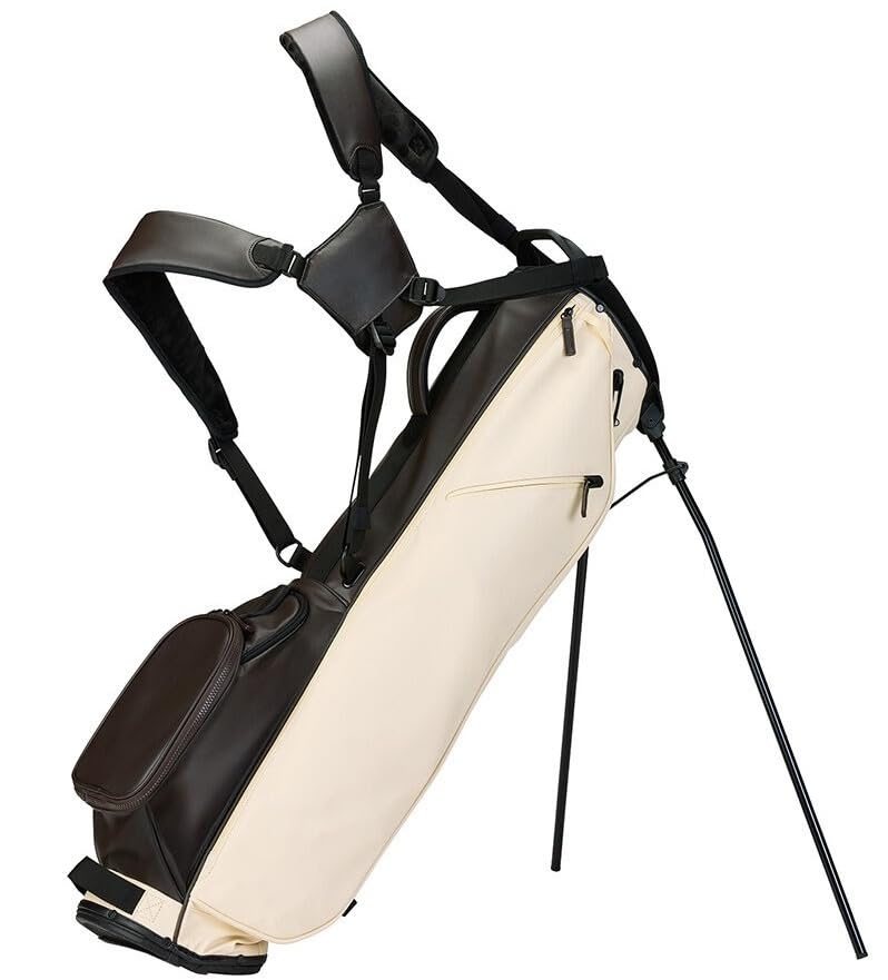 Black and beige golf bag with stand on a white background