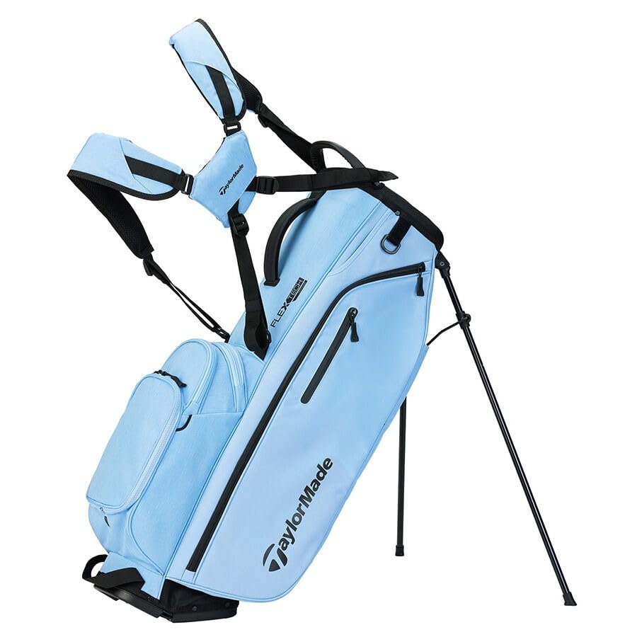 Light blue golf bag with black straps on a white background
