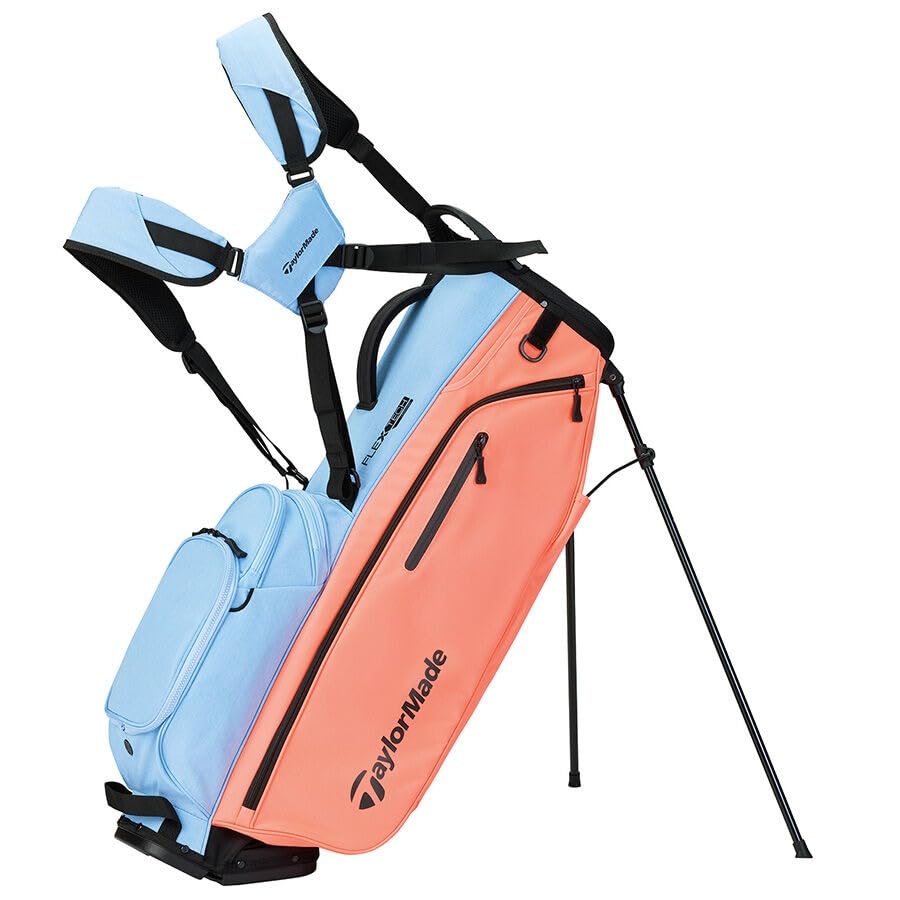 Two-tone golf bag with light blue and orange design on a white background