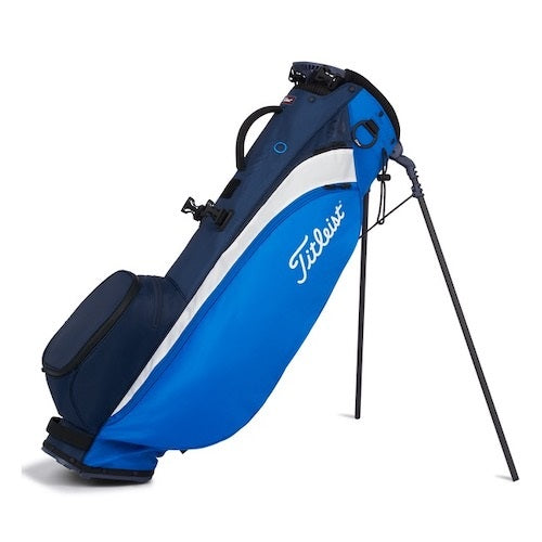Blue and white golf bag with Titleist logo on a white background