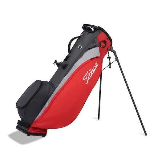 Red and gray golf bag with Titleist logo on a white background
