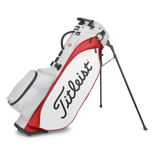 White and red golf bag with Titleist logo on a white background