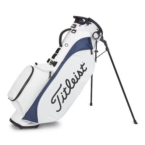 White golf bag with blue accents and Titleist logo on a white background