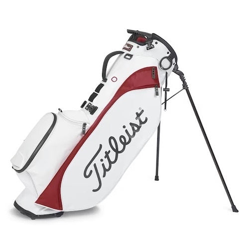 White and red golf bag with Titleist logo on a white background