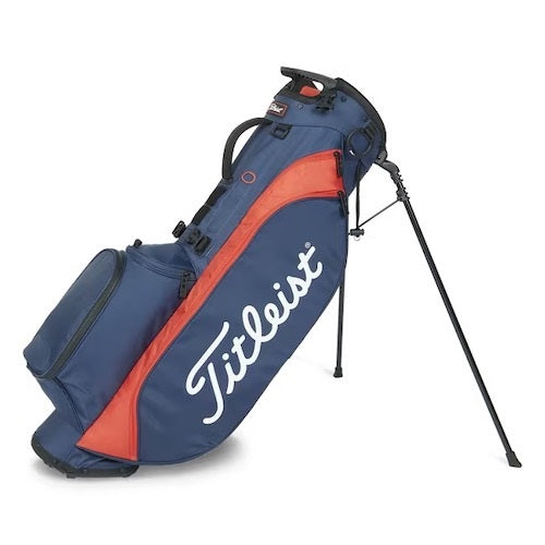 Blue and red golf bag with 'Titleist' branding on a white background