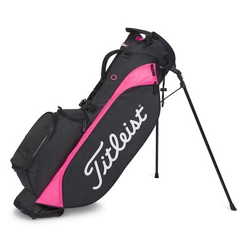 Product image of a black and pink Titleist golf stand bag on a white background