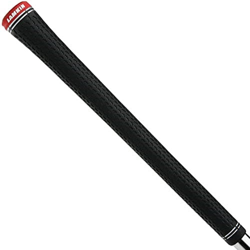 Black golf club grip with red and white brand logo on a white background