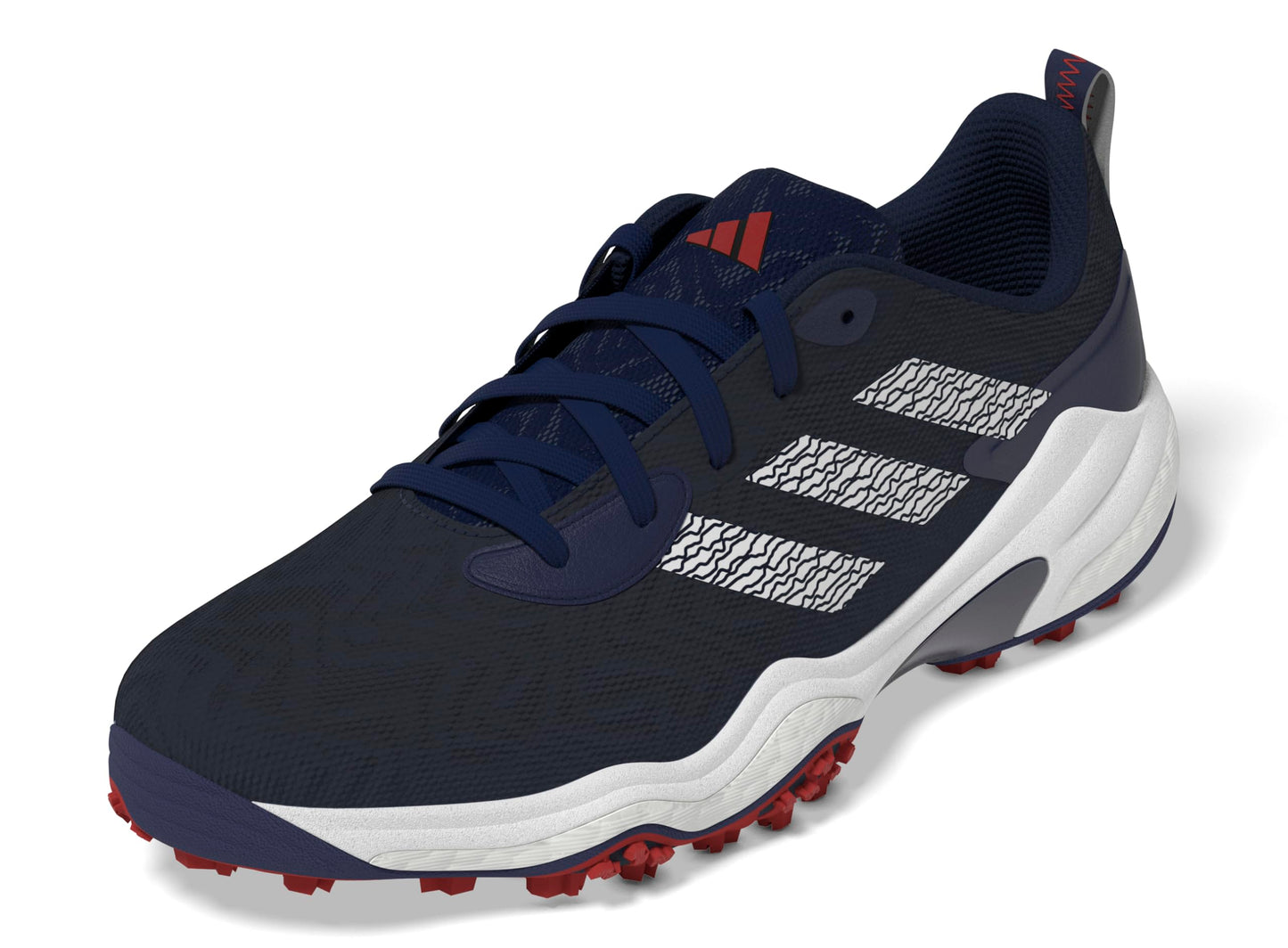 Navy and white Adidas golf shoe with red accents on a white background