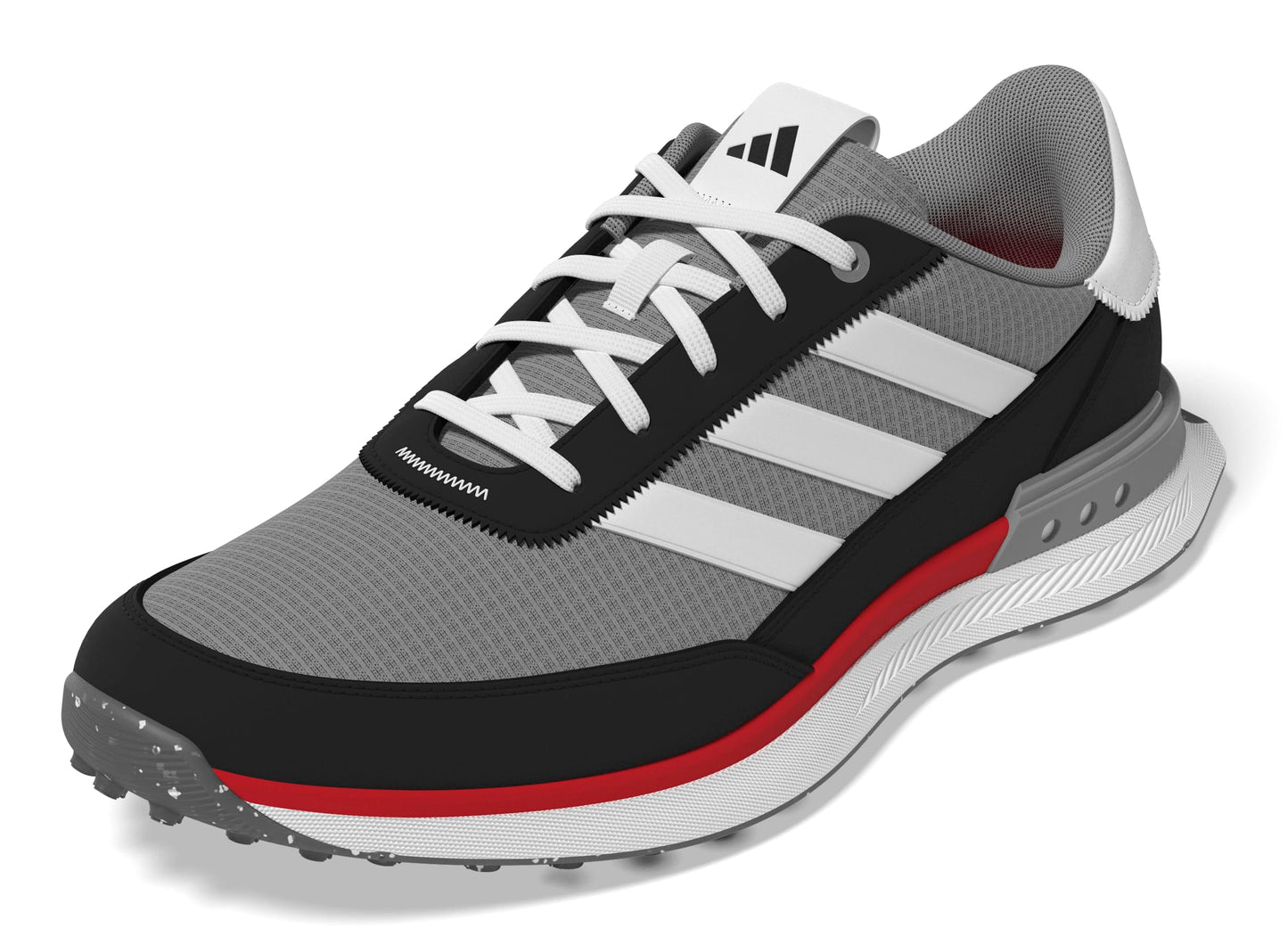 Gray Adidas sports shoe with black and red accents on a white background